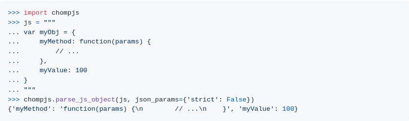 Chompjs for parsing tricky Javascript Objects