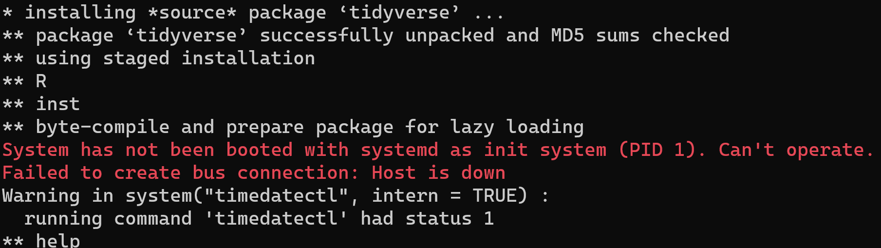 Installing Tidyverse in WSL without Timedatectl Status 1 Issue